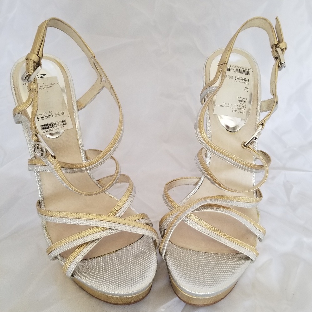 MK Gold and Silver Platform Stilettos Sandals